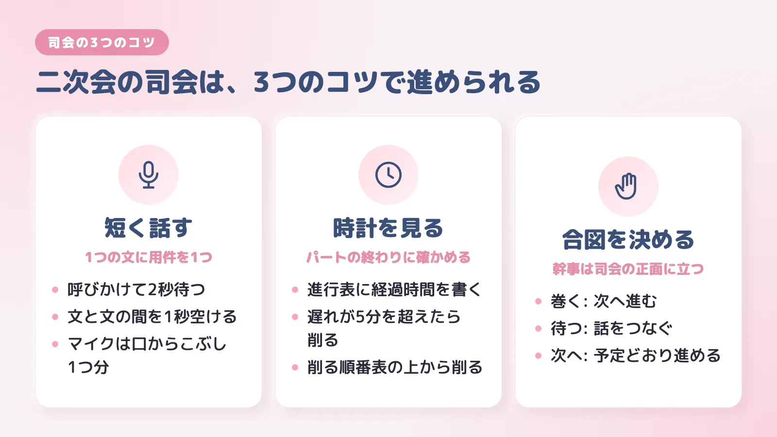 二次会の司会の3つのコツ。短く話す、時計を見る、合図を決める、を並べた図