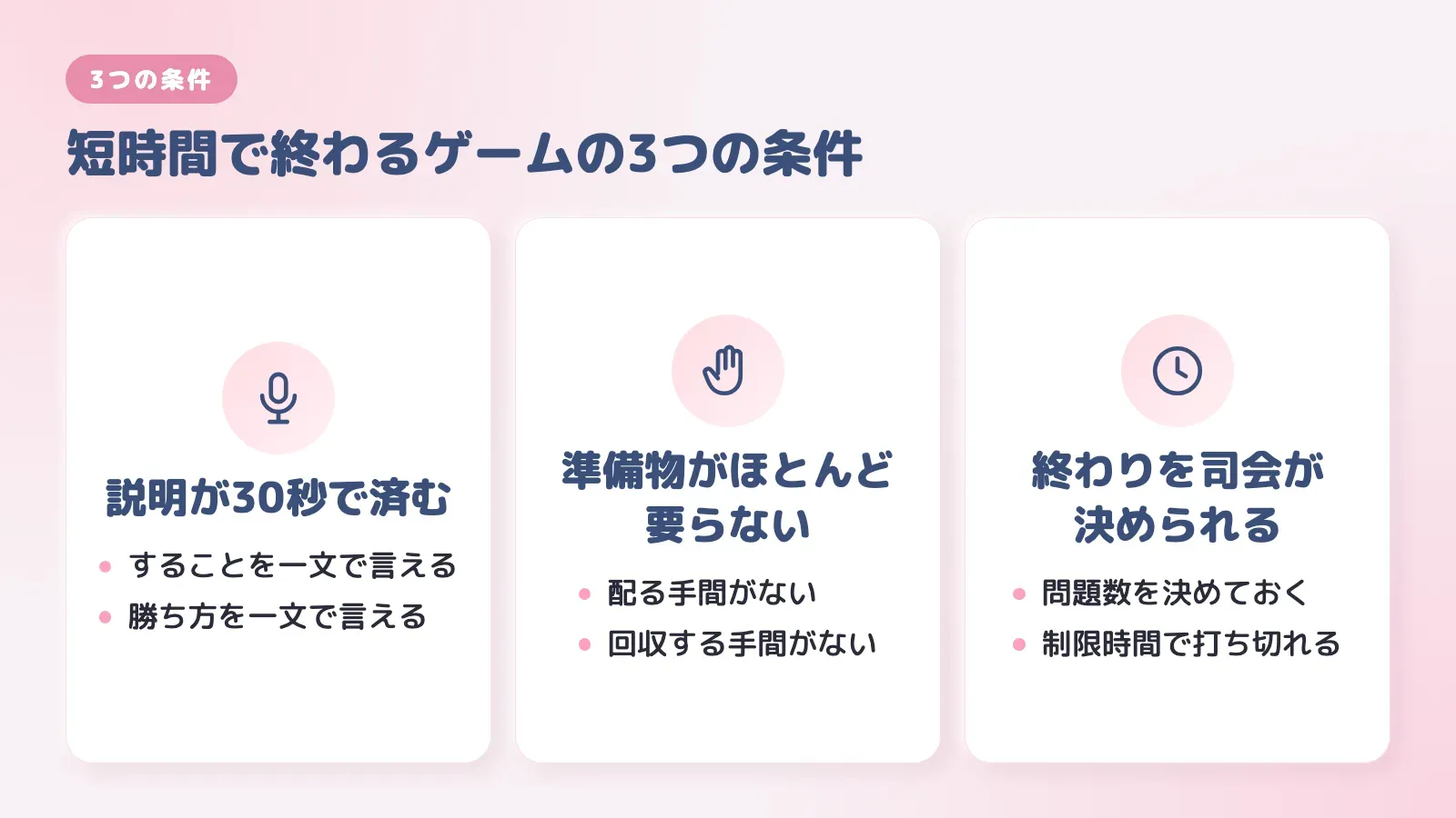 短時間で終わるゲームの3つの条件。説明が30秒で済む、準備物がほとんど要らない、終わりを司会が決められる、を並べた図