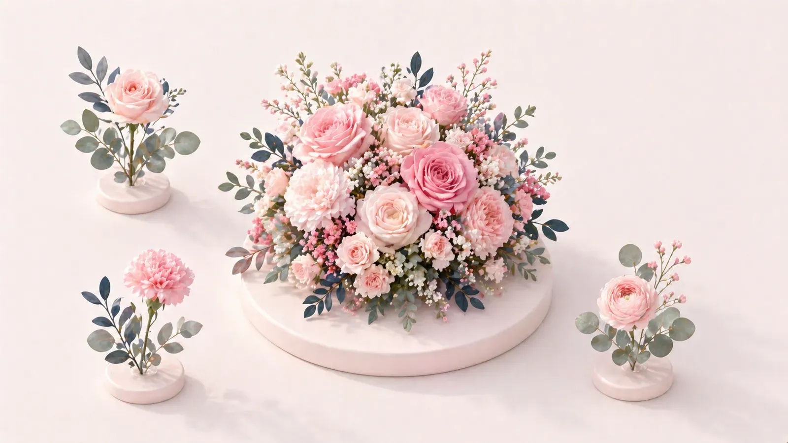 高砂は華やかに、ゲスト卓はグリーン中心にメリハリをつけた装花のイラスト