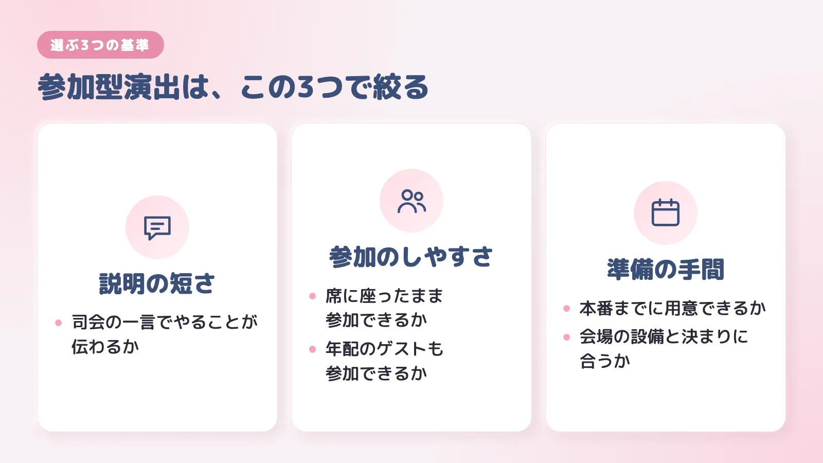 参加型演出を選ぶ3つの基準。説明の短さ、参加のしやすさ、準備の手間