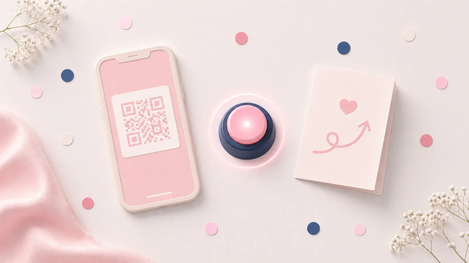 スマホとQRコードとブザーボタンで早押し参加型を示すフラットレイ