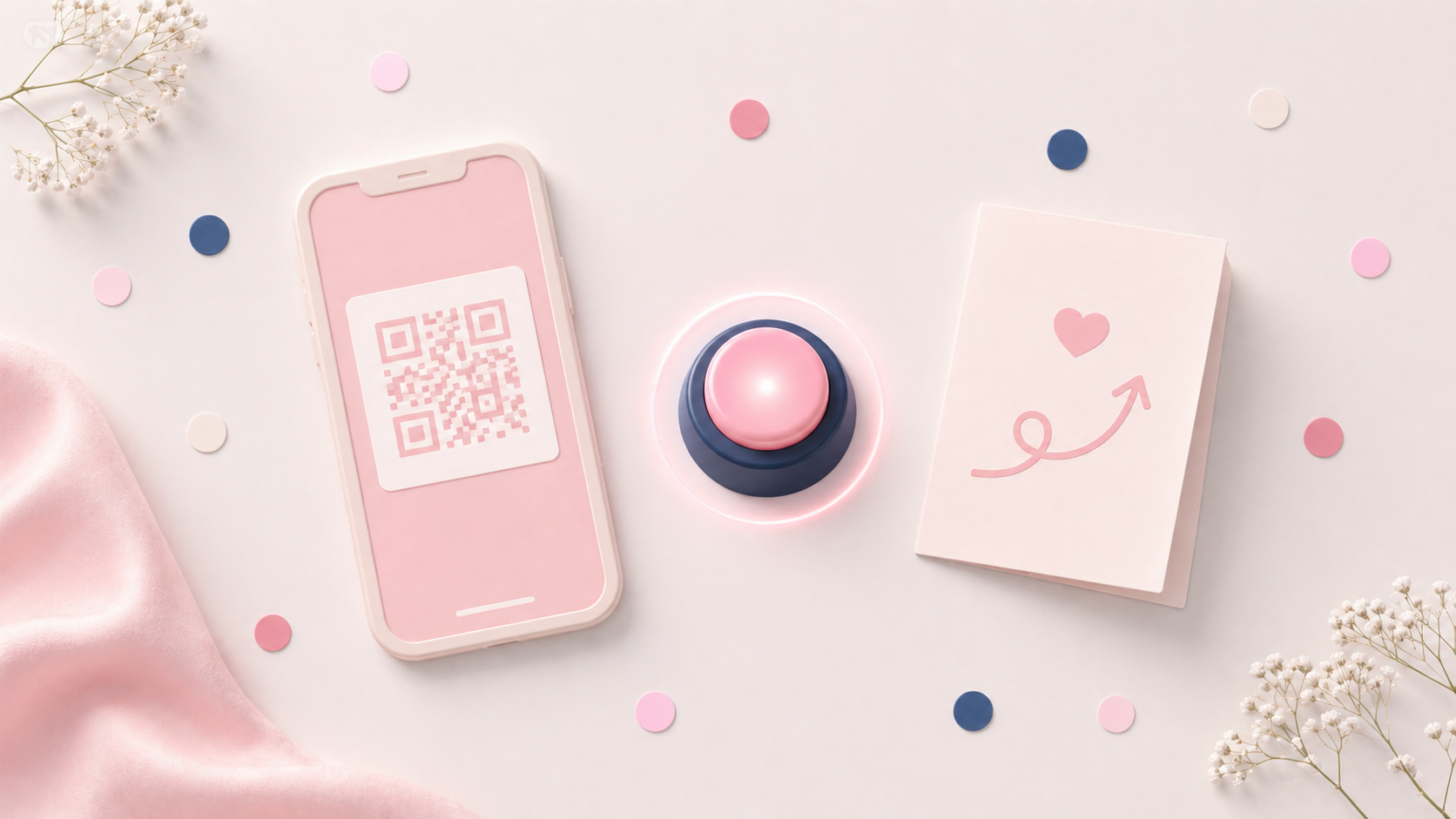 スマホとQRコードとブザーボタンで早押し参加型を示すフラットレイ