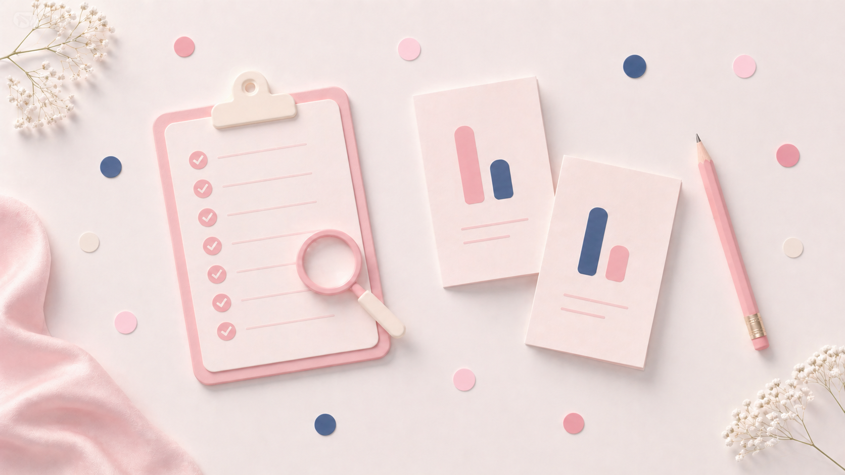 チェックリストと比較表と虫眼鏡でアプリ選定軸を示すフラットレイ